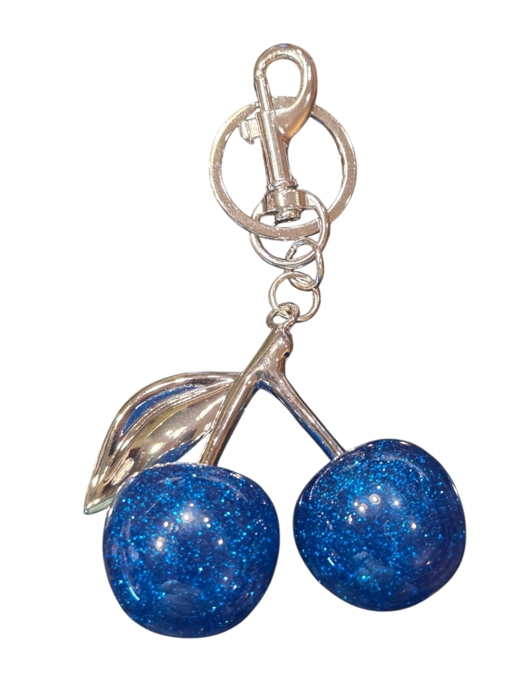 Large Glitter Royal Blue Cherry Purse Charm Silver Shiny Hardware